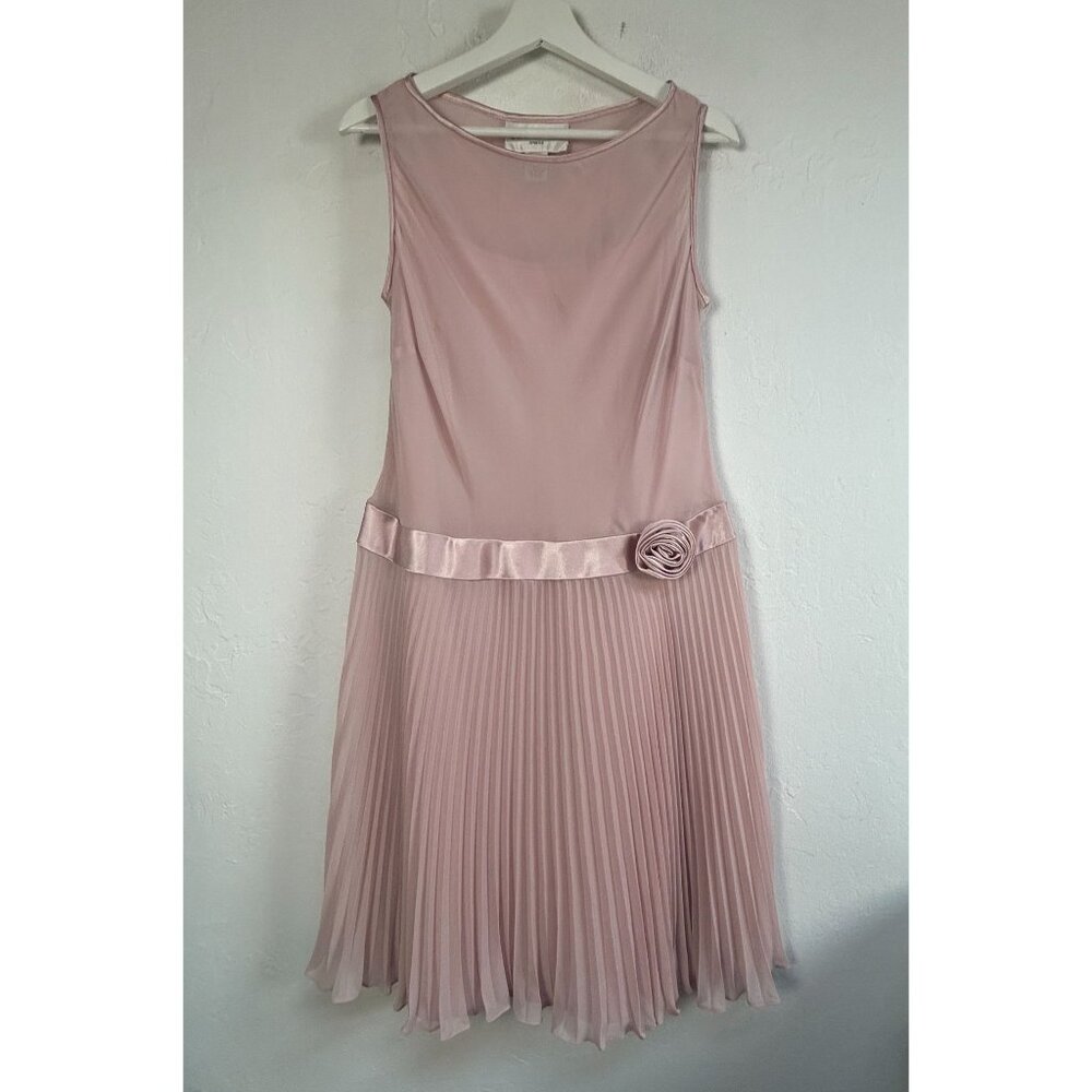 Evan-Picone Womens Pink Sleeveless Pleated Chiffon Dress Satin Rose Waist Detail